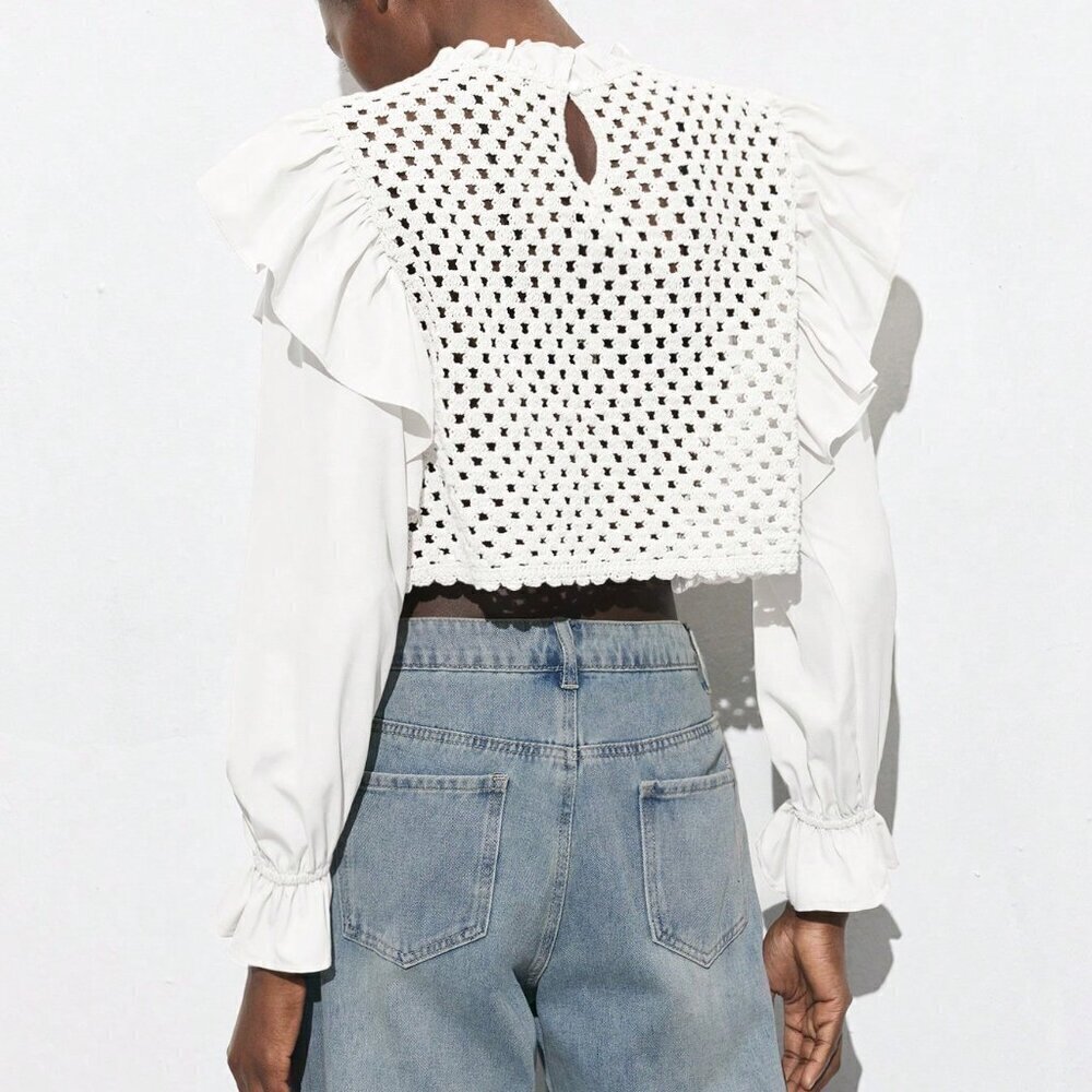 White Casual Women's Apricot Hollow Hook Flower Splicing Ruffles Tops - Picture 6 of 7